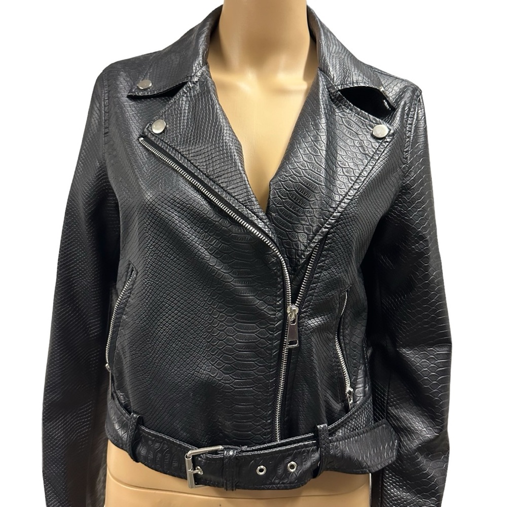 Copperose Crocodile Embossed Black Faux Leather Moto Zip Up Jacket Womens Medium
